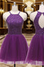 A Line Halter Sleeveless Tulle Short Mini Homecoming Dress With Beading Pleated Sequins