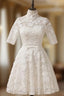 A Line High Collar Lace Half Sleeves Knee Length Wedding Dress