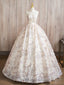 A-Line High Neck Lace Champagne Long Prom Dresses Champagne Long Prom Dresses