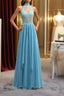 A Line High Neck Open Back Lace Chiffon Ruffles Blue Long Prom Dress Blue Lace Prom Dress Blue Lace Graduation Dress