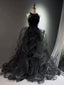 A-Line High Neck Tulle Ball Gown Sequin Black Formal Prom Dress With Beads