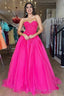 A Line Hot Pink Tulle Lace StraplessLong Prom Dress
