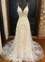 A-Line Ivory Lace V-Neckline Long Prom Dresses Ivory Prom Dresses