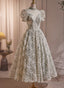 A-Line Lace Short Sleeves Beaded Tea Length Prom Dresses High Neckline Lace Prom Dresses