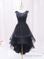 A Line Lace Tulle Black Short Prom Dress, High Low Black Homecoming Dress