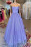 A Line Lavender Shiny Tulle Prom Dress, Long Spaghetti Strap Prom Dress