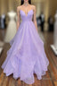 A Line Lavender Shiny Tulle Prom Dresses, Long Spaghetti Strap Prom Dresses