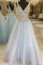 A-Line Light Blue Tulle V-neck Backless With Beading Prom Dress