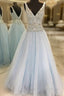 A Line Light Blue Tulle V Neck Backless With Beading Prom Dresses