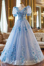 A Line Light Blue Tulle With Lace Short Sleeves Prom Dress, Tulle Sweet 16 Dress