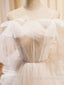 A Line Light Champagne Long Prom Dresses, Light Champagne Lace Formal Dresses