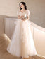 A-Line Light Champagne Tulle Lace Long Prom Dresses Light Champagne Long Prom Dresses