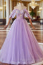 A Line Light Purple Sweethart Lace Applique Prom Dress, Purple Long Prom Dress