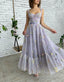 A Line Lilac Tea Length Tulle Prom Dress with Embroidery