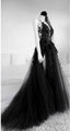 A Line Long Black Tulle Lace Prom Dress