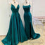 A Line Long Satin Emerald Green Prom Dresses With Split