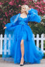A line Long Sleeves Satin Tulle Prom Dress with Slit