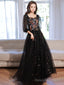 A Line long sleeves Tulle Lace Black Long Prom Dress, Black Lace Long Formal Dress
