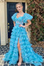 A Line Multi Tiered Printed Tulle Prom Dress with Slit