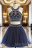 A Line Navy Blue Halter Tulle Beading Homecoming Dresses