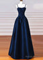 A-Line Navy Blue Satin Straps Long Formal Dress, Navy Blue Prom Dress
