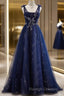 A-Line Navy Blue Tulle Beaded V-Neckline Party Dress, Navy Blue Shiny Tulle Prom Dress
