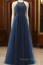 A Line Navy Blue Tulle Halter Crossed Back Long Prom Dress