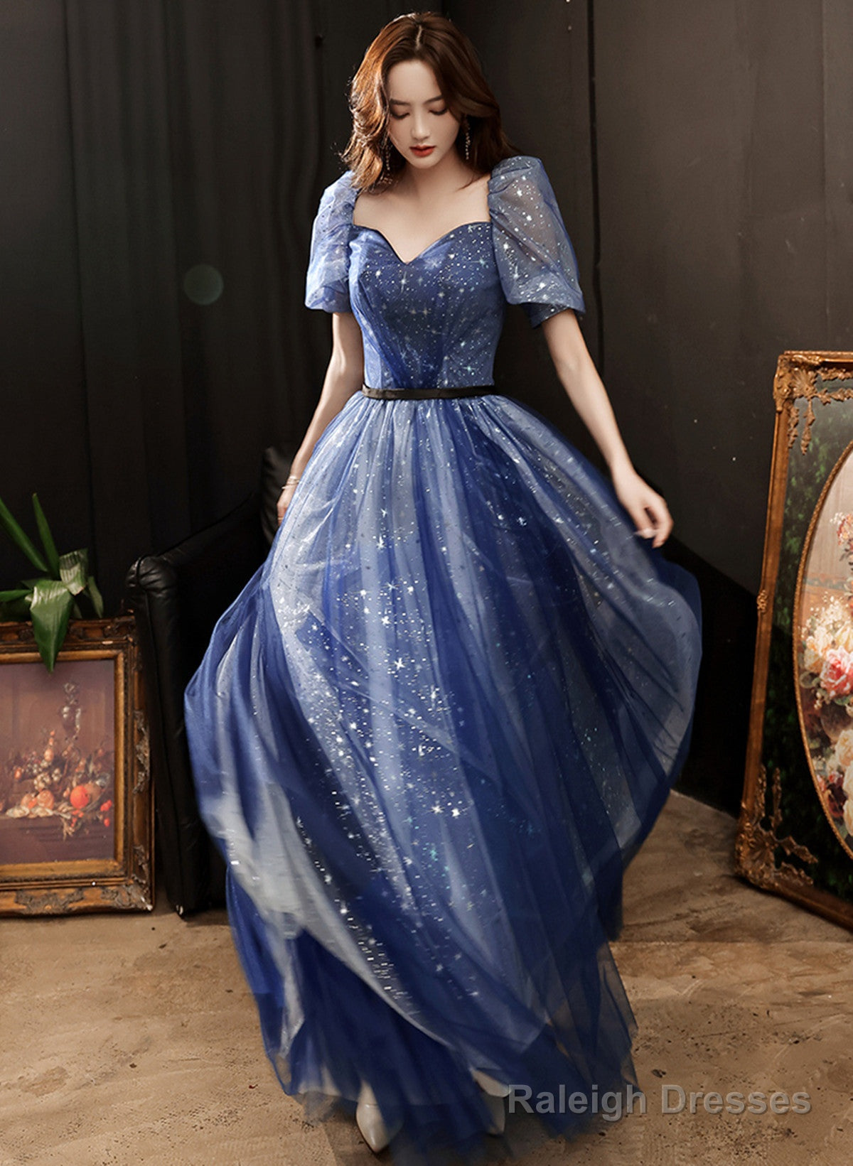 A-Line Navy Blue Tulle Short Sleeves Long Party Dress, Navy Blue Prom