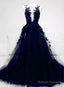 A-Line Navy Blue Tulle With Lace Long Evening Dress, Navy Blue Prom Dress