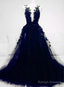 A-Line Navy Blue Tulle With Lace Long Prom Dresses Navy Blue Prom Dresses