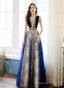 A-Line Navy Blue Tulle With Lace Long Prom Dresses Navy Blue Floor Length Prom Dresses