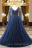 A Line Navy Blue V Neck Beading Prom Dresses