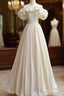 A Line Off Shoulder Beige Taffeta Long Prom Dresses, Beige Formal Prom Dress