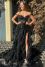 A Line Off Shoulder Black Lace Long Formal Prom Dress With High Slit