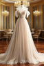 A Line Off Shoulder Champagne Tulle Long Prom Dress, Champagne Long Prom Dress