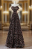 A Line Off Shoulder Coffee Gold Sequin Long Prom Dress, Coffee Gold Formal Dress
