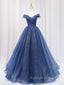 A Line Off Shoulder Dark Blue Long Prom Dresses Shiny Tulle Long Graduation Dresses