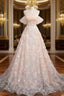 A Line Off Shoulder Flowers Lace Formal Dress, Long Prom Dress