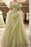 A Line Off Shoulder Green Lace Long Prom Dresses Green Prom Dresses