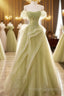 A Line Off Shoulder Green Tulle Long Prom Dress