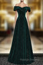 A-line Off Shoulder Green Velvet Simple Party Dress, Green Prom Dress Formal Dress