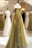 A-Line Off Shoulder Long Prom Dress, Green Tulle Formal Evening Dress