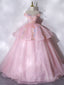A Line Off Shoulder Organza Lace Pink Long Prom Dresses. Pink Sweet 16 Dresses