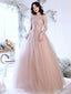 A-Line Off Shoulder Pink Long Prom Dresses Pink Graduation Dresses With Beading Lace