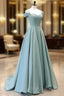 A Line Off Shoulder Satin Blue Long Prom Dress, Blue Long Prom Dress
