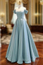 A Line Off Shoulder Satin Blue Long Prom Dress, Blue Long Formal Dress