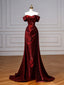 A-Line Off Shoulder Satin. Burgundy Long Formal Prom Dress, Burgundy Long Prom Dress