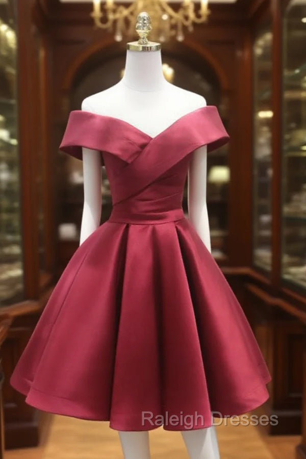 A-Line Off Shoulder Satin Burgundy Short Prom Dress, Burgundy Homecomi