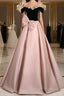 A-Line Off Shoulder Satin Pink Long Prom Dress, Pink Long Formal Dress
