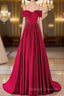 A-Line Off Shoulder Satin Red Long Prom Dress, Red Evening Dress